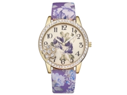 Relógio de Pulso Feminino Vansvar de Quartzo com Pulseira de Couro Pu Estampa Floral e Strass Roxo