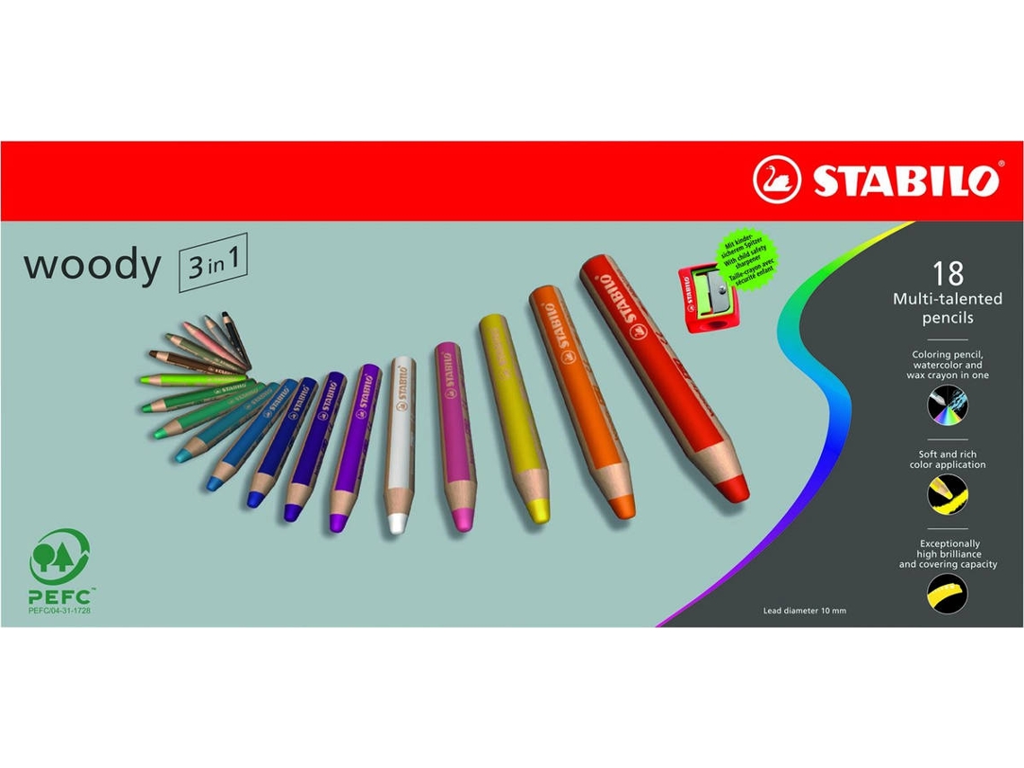 Lápis de Cor STABILO Woody 3 in 1 (18 Cores - Multicor - Madeira)
