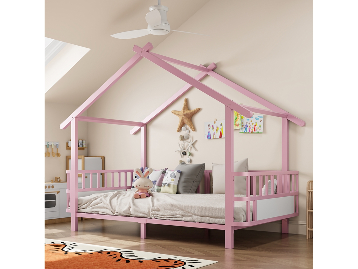 Cama Infantil Metal Rosa Forma Casa 90x200 Cm, Grade Segurança, Design Telhado