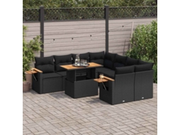 Vidaxl 9 Pcs Conjunto Sofás P/ Jardim Almofadões Vime Pe/acácia Preto