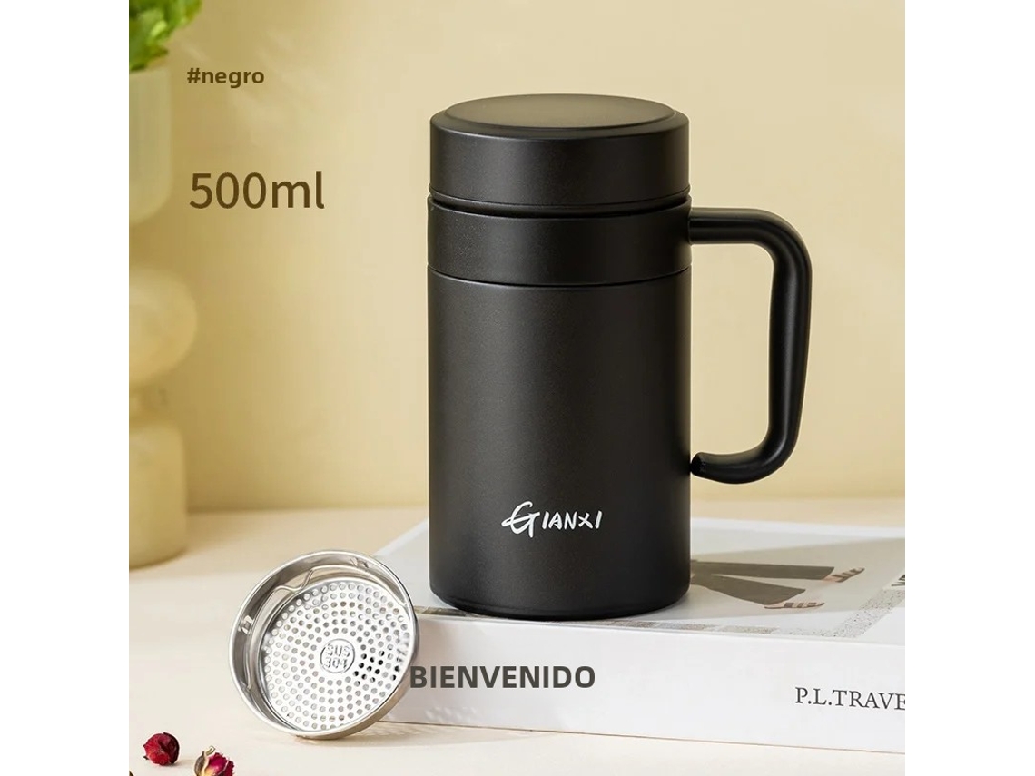 Caneca Térmica Grande de Aço Inoxidável para Mulheres, com Alça de Mão e Divisória para Água/chá. MDUG (preta, 500 Ml)
