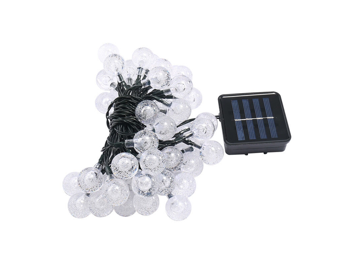 Cordão de Led Solar com 30 Bolas , Cabo Verde Escuro, Bateria Preta e Carregador Solar, Bola Transparente, Luz Branca e Preta BRILVIBERA (6, 50 M)