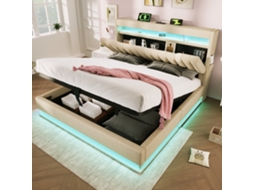 Cama Casal Acolchoada 140x190cm, Bege Em Linho, Com Cabeceira C/ Usb E Tipo-c, Luzes Led E Baú Hidráulico.