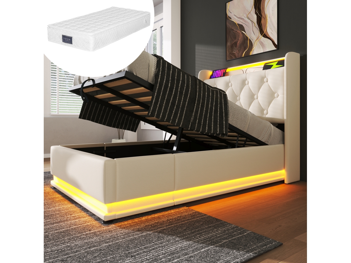 Cama Solteiro Branca 90x200cm Estofada, Led 360°, Usb-c, Hidráulica (c/ Colchão). -op