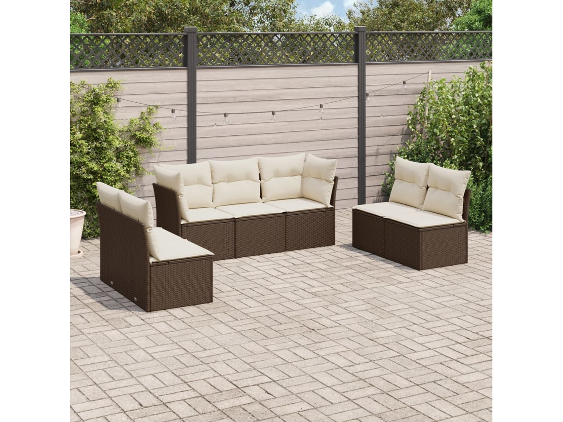Vidaxl 7 Pcs Conjunto De Sofás Jardim C/ Almofadões Vime Pe Castanho