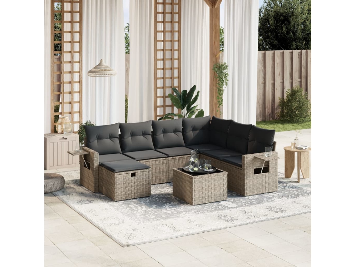 Vidaxl 8 Pcs Conjunto Sofás de Jardim C/ Almofadões Vime Pe Cinzento