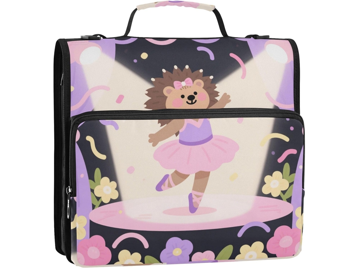 Organizador de Mesa com 3 Argolas, Alça Ombro, Estampa Ouriço Dançarino Roxo Desenho Animado, Bolsa Armazename