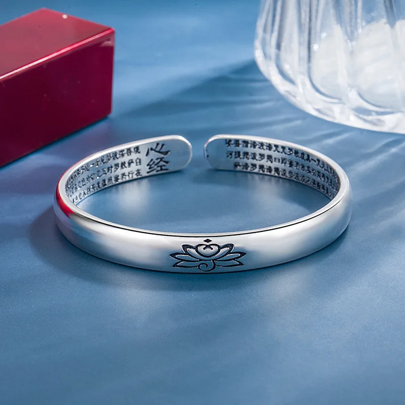 Pulseira Aberta Com Mantra Budista Em Padrão De Lótus, Pulseira Do Sutra Do Coração Do Budismo Tibetano
