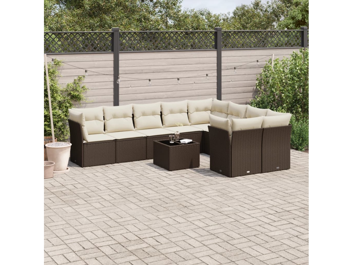 Vidaxl 10 Pcs Conj. Sofás Jardim Com Almofadões Vime Pe Castanho