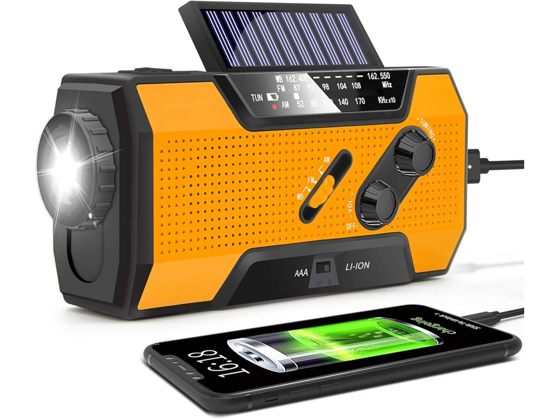 RÁDIO DE MANIVELA AQUAFORGE com célula solar, lanterna, bateria externa de 2000mah