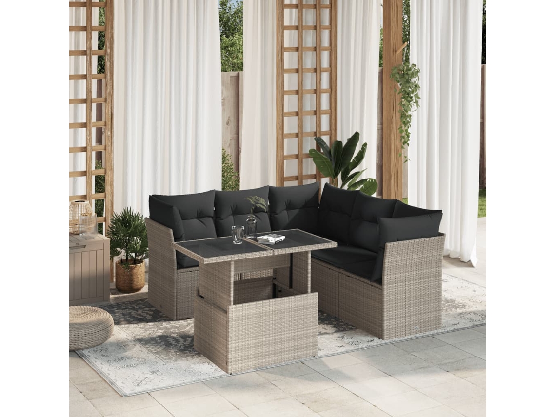 Vidaxl 6 Pcs Conj. Sofás Jardim Com Almofadões Vime Pe Cinzento-claro
