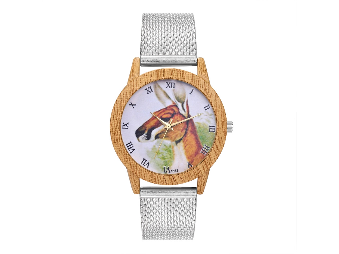 Relógio de Pulso Feminino de Quartzo com Pulseira de Malha Simples Padrão Animal Prata