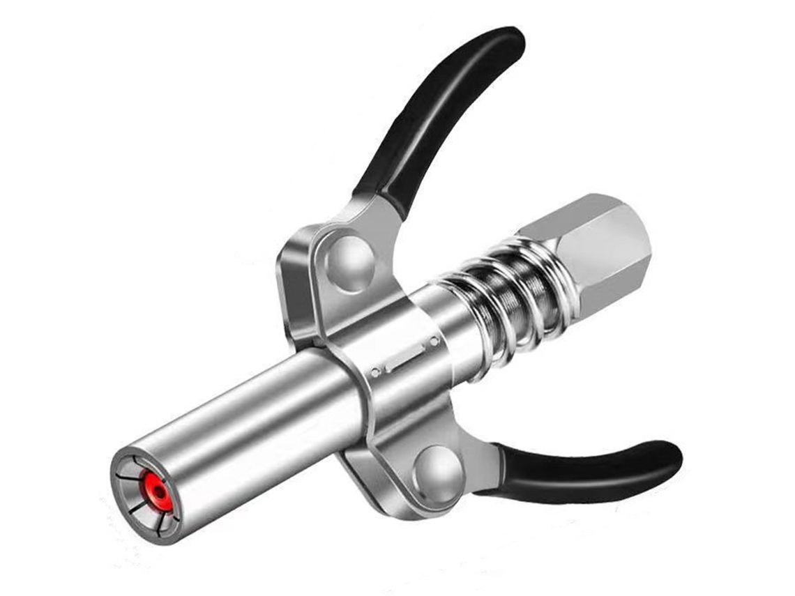 Conector de graxa de aço inoxidável com alça dupla e mecanismo de travamento robusto para automóveis, ferramenta de lubrificação rápida.