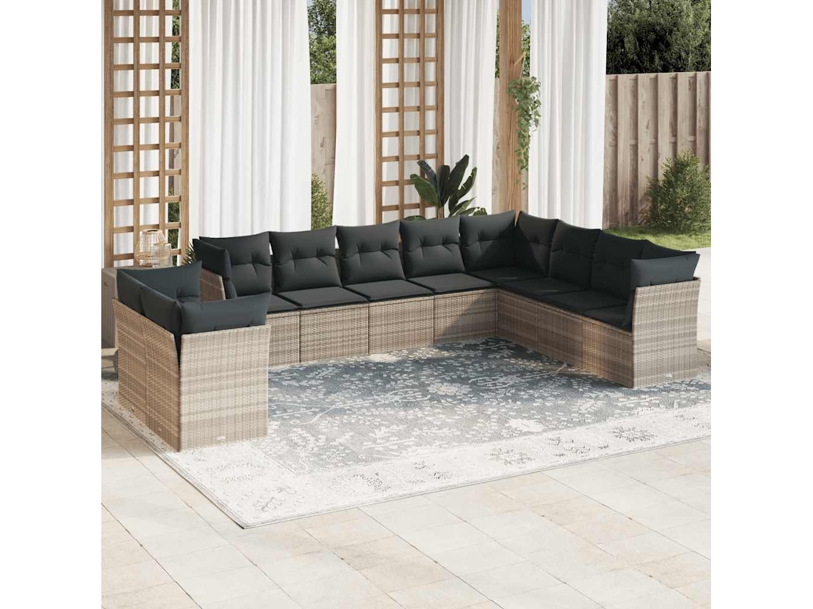 Vidaxl 10 Pcs Conj. Sofás Jardim Com Almofadões Vime Pe Cinzento-claro
