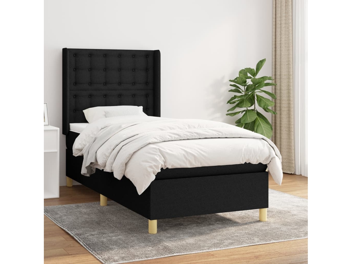 Cama com Colchão de Molas e Cabeceira Tecido Preto (90x200 cm)