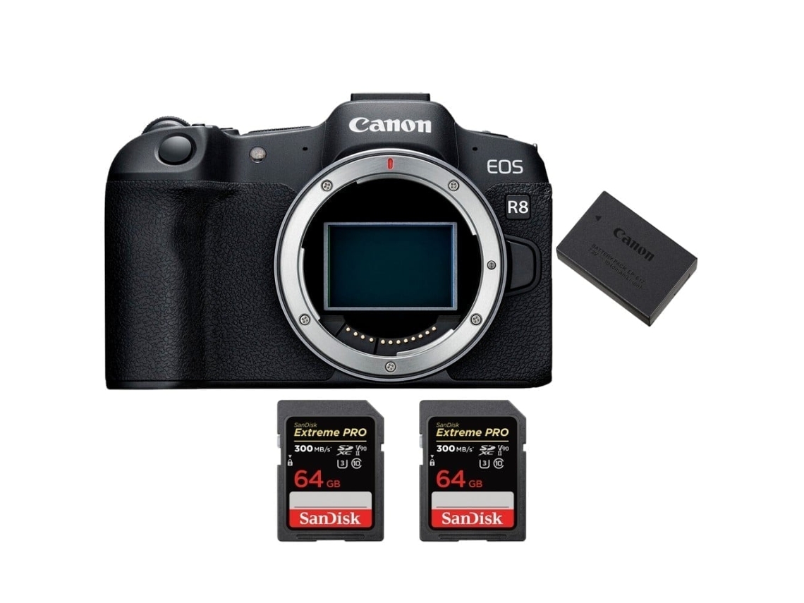 Eos R8 + 2 Sandisk 64gb Uhs ii 300mb/s + 1 Canon Lp e17 Máquina Fotográfica Híbrida + Ebook “20 Dicas para Fotos Que Impressionam” CANON