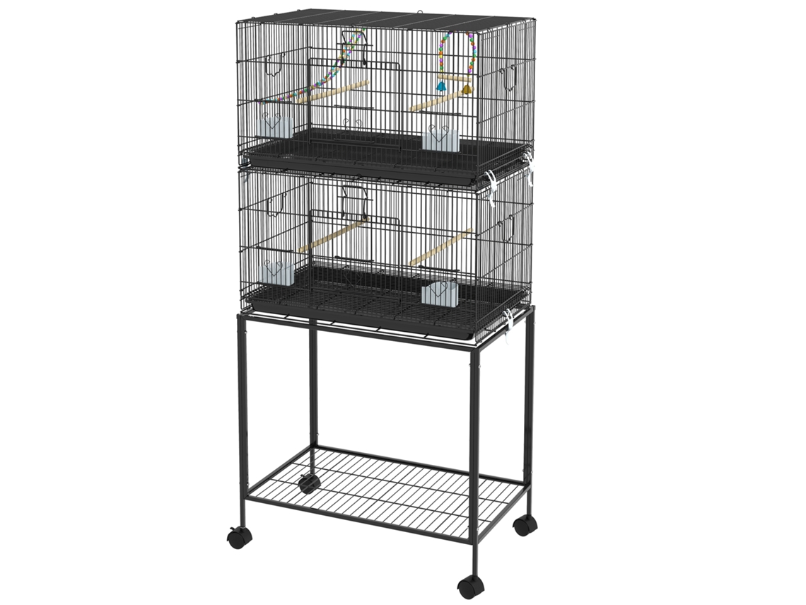 Gaiola Dupla E Empilhável Para Pássaros 77x46x164 Cm Com Rodas Poleiros Bandeja Amovível Comedouros Baloiço E Escada Preto