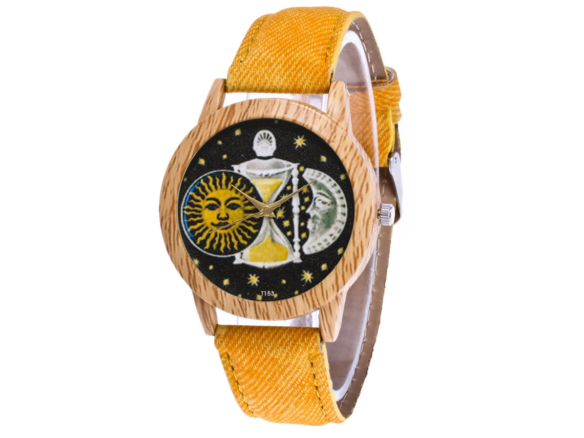 Reloj De Cuarzo Unisex Con Correa De Jean Y Patrón De Sol Y Luna Zhoulianfa Amarillo