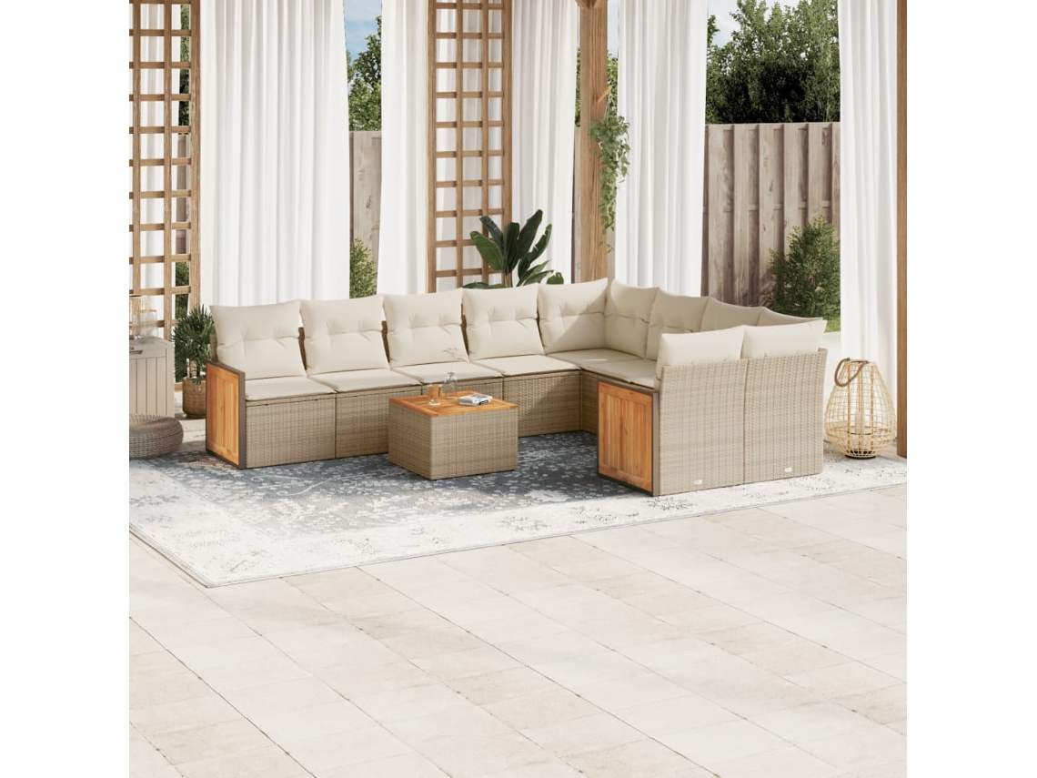 Vidaxl 10 Pcs Conjunto De Sofás P/ Jardim Com Almofadões Vime Pe Bege