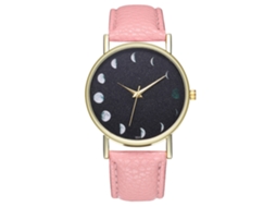 Relógio de quartzo unissex com pulseira de couro PU, design simples com lua, rosa.