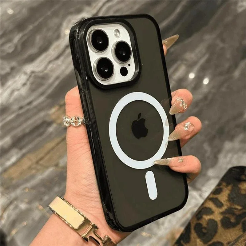 Capa Para Iphone 12 Preta Com Carregamento Sem Fio, Moldura Transparente Magnética E Tampa Traseira.