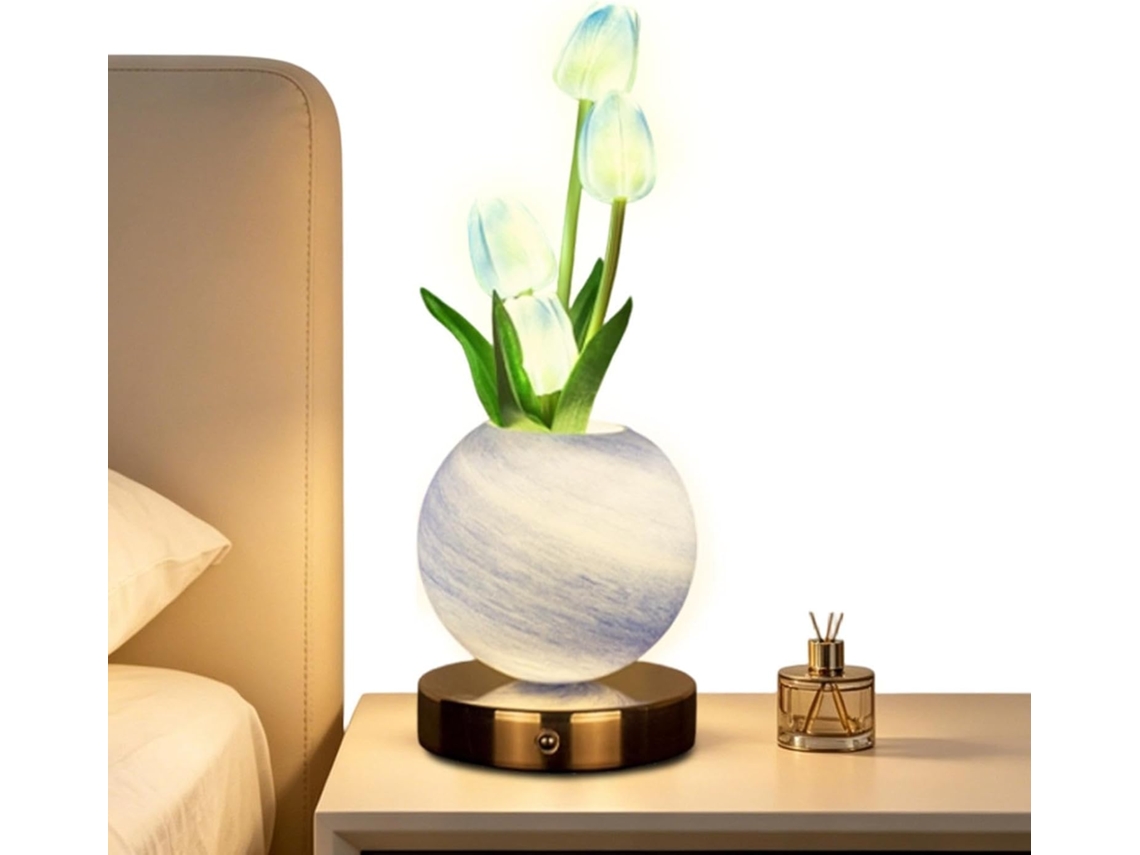 Luminária de mesa em formato de flor, sem fio e recarregável via USB, com 3 núcleos reguláveis.