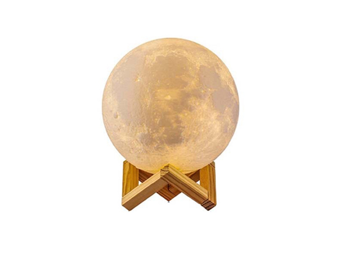 Luminaria Moderna Lunar Que Muda de Cor, Impressa em 3d, com Base Madeira, Controle Tátil e Adaptador Usb Recarregável, 15 Cm STELASPLEN