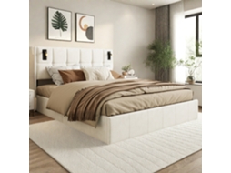 Cama Estofada 160 X 200 Cm, Cama De Casal Com Luz De Leitura, Cama De Armazenamento Hidráulica Com Ripas De Madeira Maciça E Metal, Bege