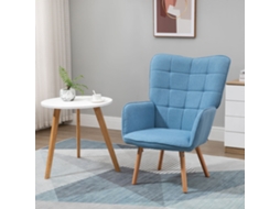 Sillón Individual Con Respaldo Alto Reposabrazos Tela De Lino Y Patas De Madera Para Comedor Cocina 71x76x101cm Azul