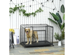 Gaiola Retrátil Cinza Escuro Para Cães 125x76x81cm, Duas Portas Com Trava, 4 Rodas Com Freio, Fundo Removível, Segura Para Animais Domésticos