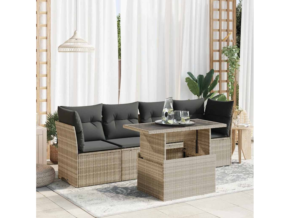 Vidaxl 5 Pcs Conj. Sofás Jardim C/ Almofadões Vime Pe Cinzento claro