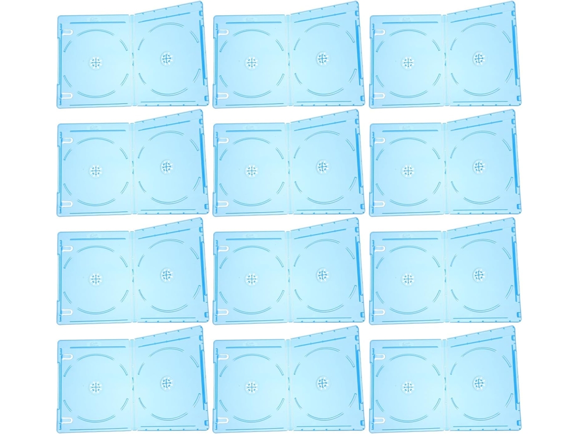Conjunto de 12 caixas organizadoras de CDs em plástico semitransparente.