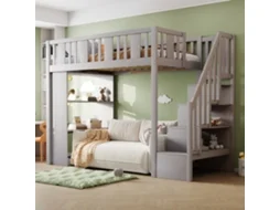 Cama Mezanino Cinza 90x200cm Madeira, Escada, Compartimentos (s/ Colchão).-op