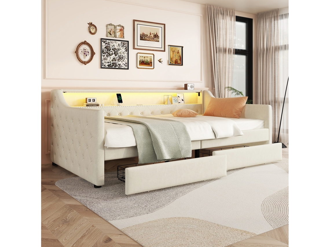 Cama Dia Bege 90x200cm, Sofá-cama, Led, 2 Gavetas, Usb, Ripas, Linho. -op