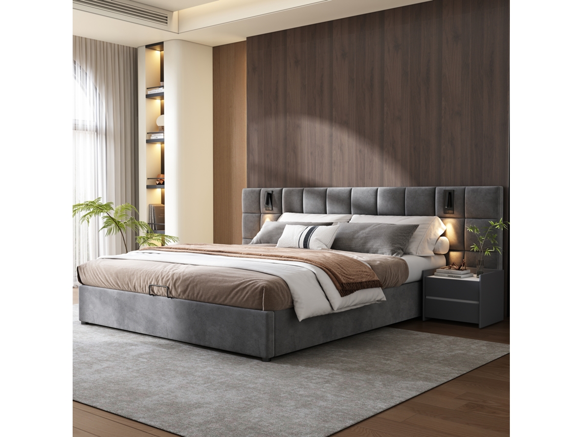 Cama Hidráulica 180x200cm Com Luz Direcional E Usb Cinza