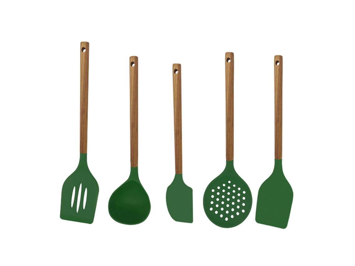 Elysve Pack De Utensílios De Cozinha De Silicone Com Cabo De Madeira Resistente E Macio