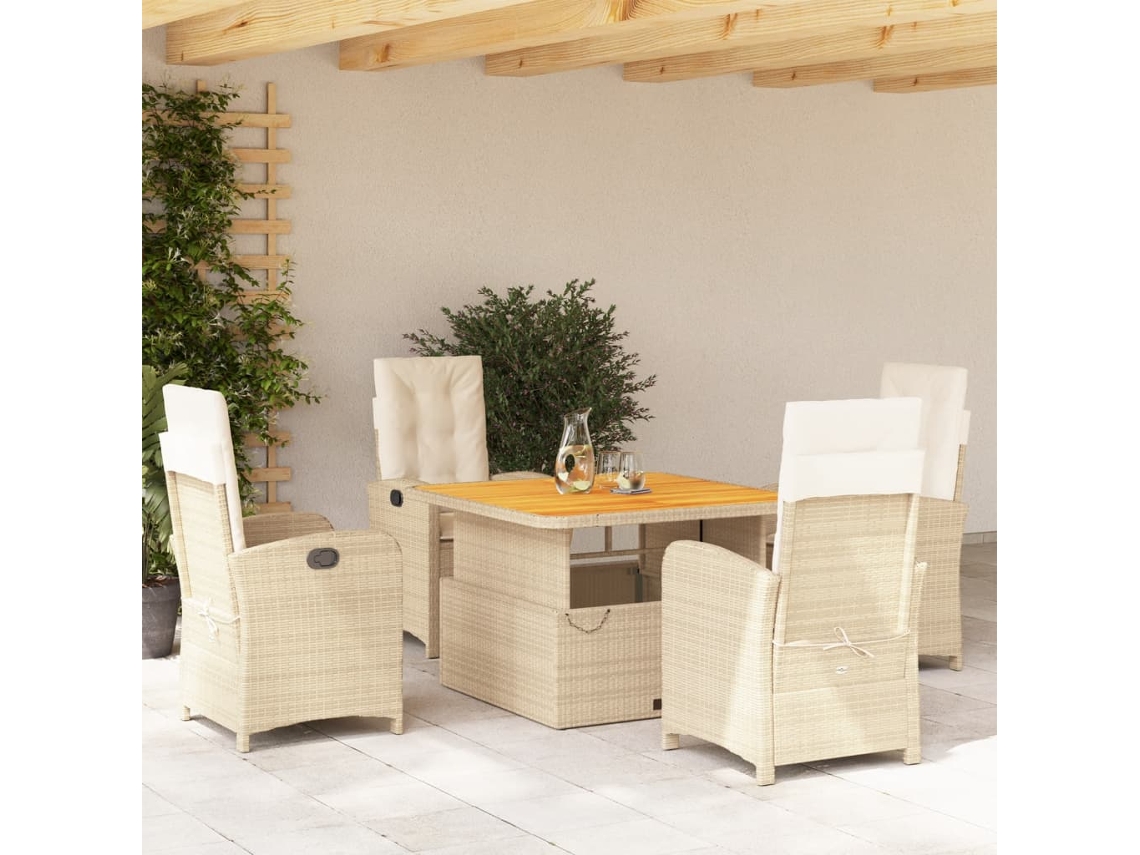 Vidaxl 5 Pcs Conjunto De Jantar P/ Jardim Com Almofadões Vime Pe Bege