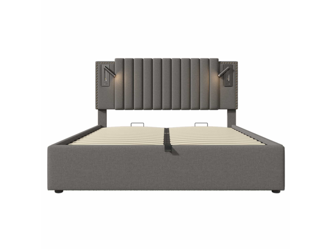 Cama estofada 180x200 cm - de casal com arrumação, cabeceira com luz e porta USB, encosto com design de tachas, base incluída - cinzenta
