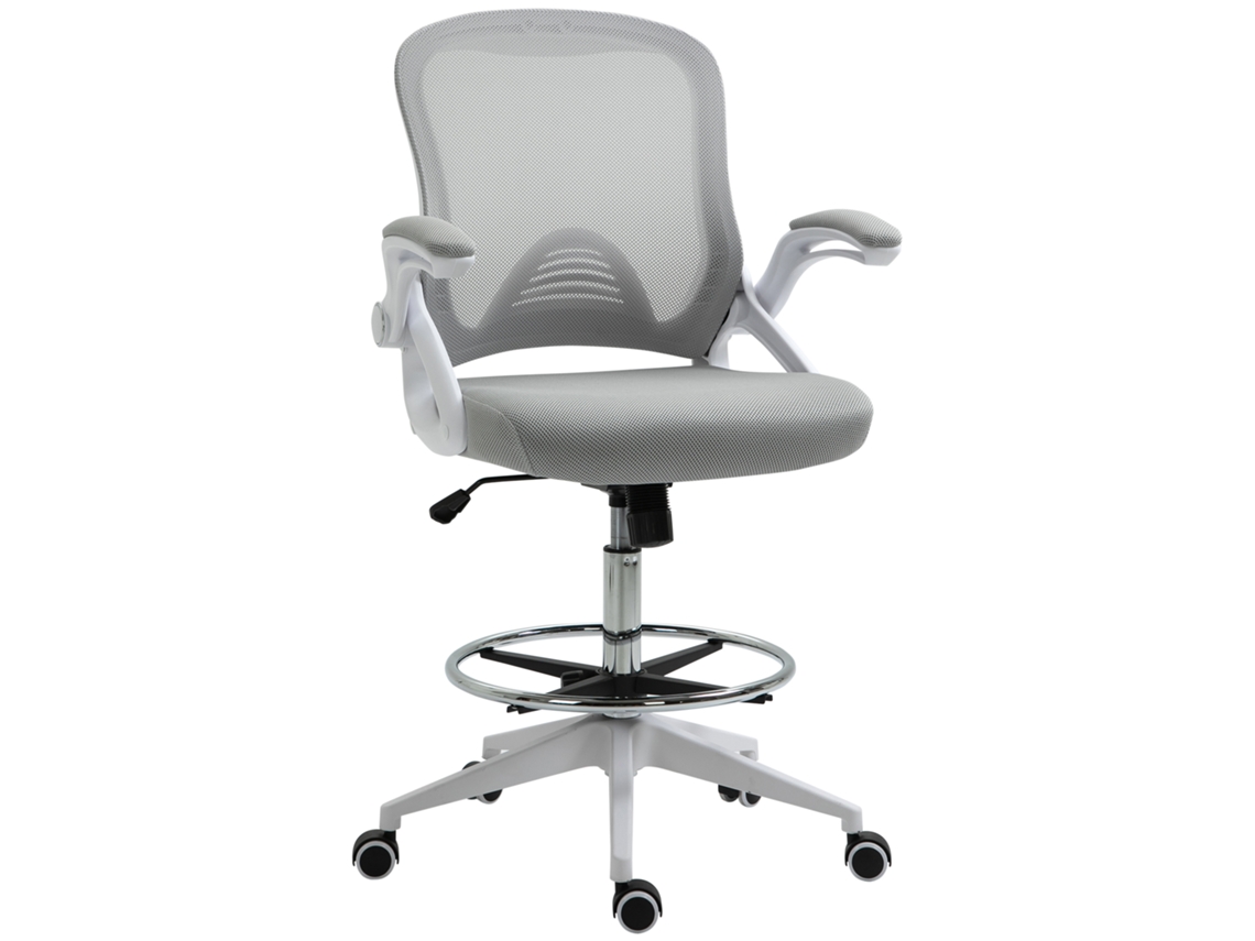 Cadeira Escritório Sit-stand Vinsetto Apoio Pés Braços Dobráveis Tela Respirável Cinza Branco
