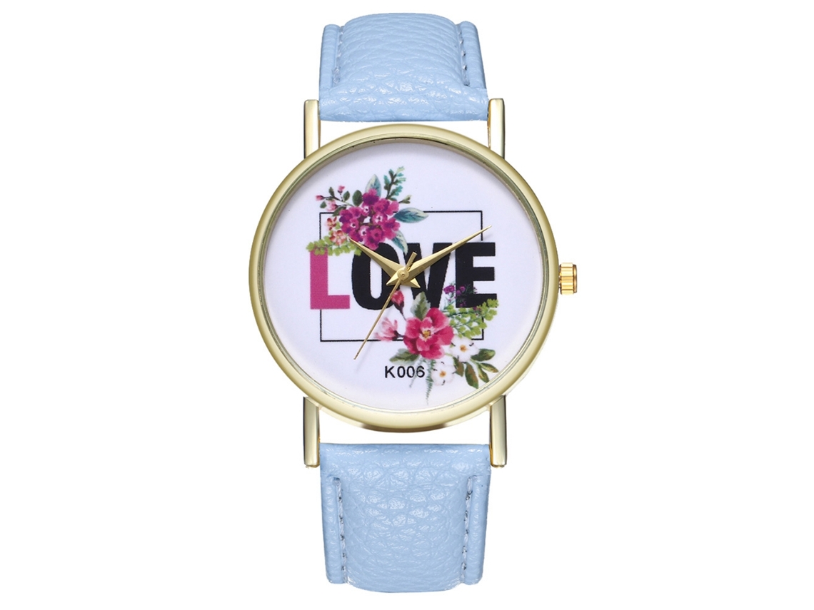 Relógio feminino analógico simples em couro PU com pulseira de couro azul claro.