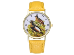 Reloj De Cuarzo Unisex Con Correa De Cuero Pu Y Dial De Pájaro Moda Amarillo Zhoulianfa