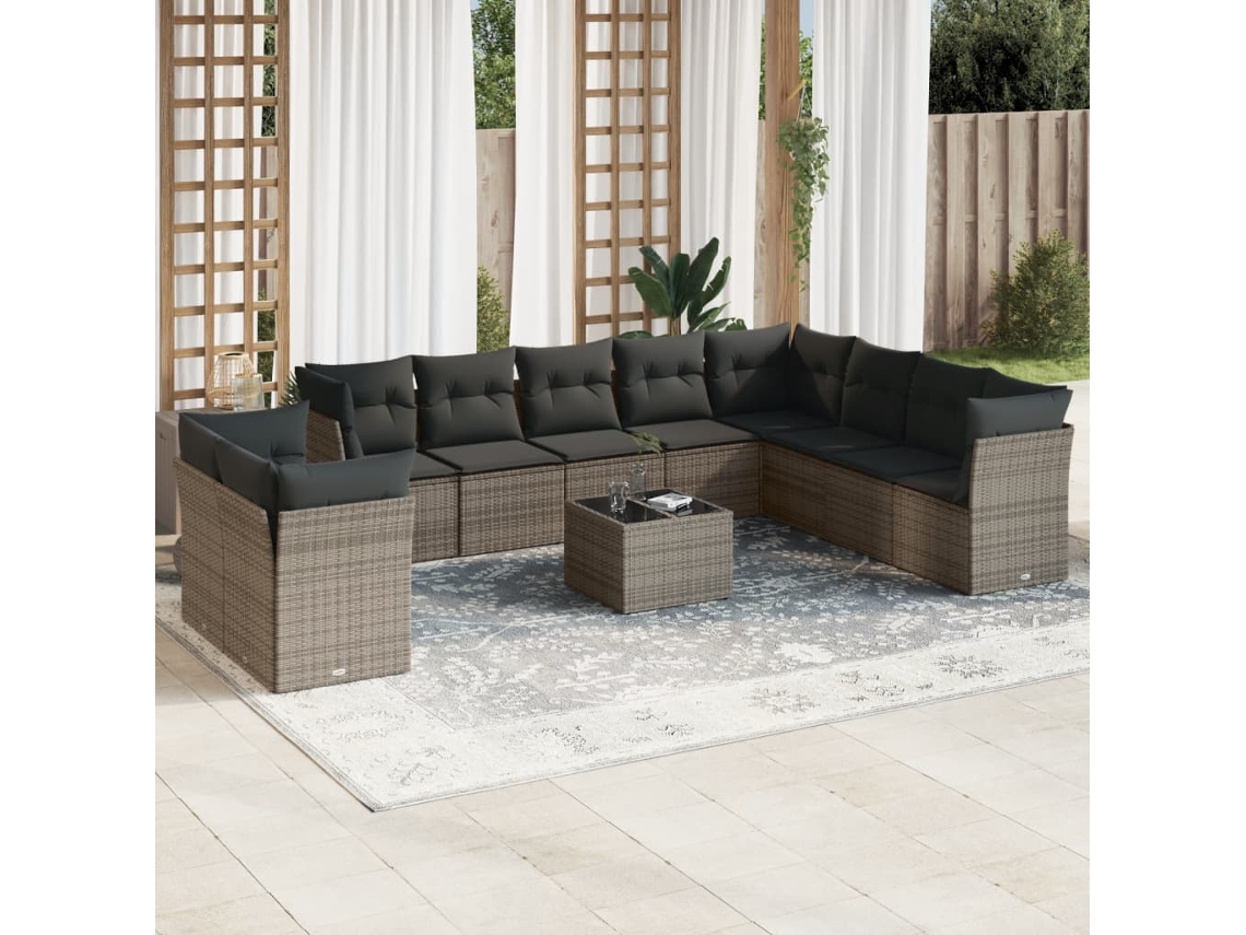 Vidaxl 11 Pcs Conjunto Sofás De Jardim C/ Almofadões Vime Pe Cinzento