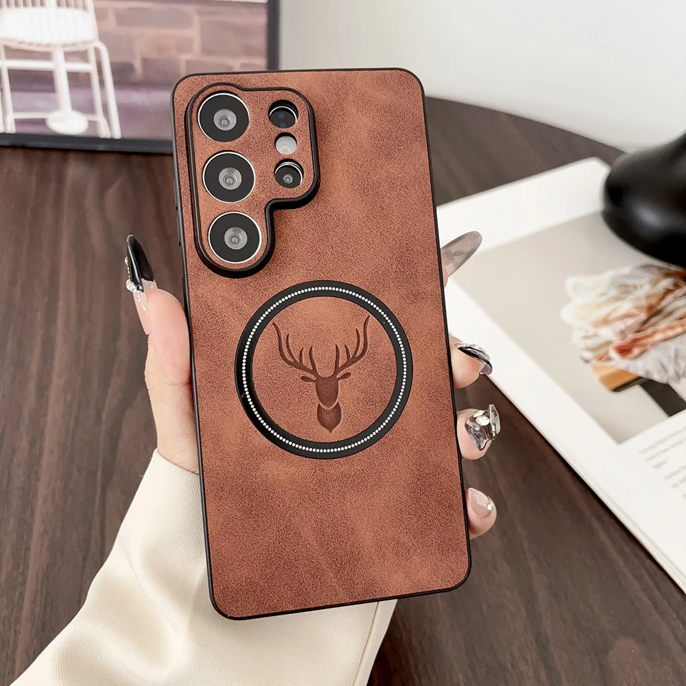 Capa Para Celular Samsung Galaxy S25 Ultra Em Couro Pu Com Estampa De Veado (marrom Escuro), Compatível Com Carregamento Sem Fio.