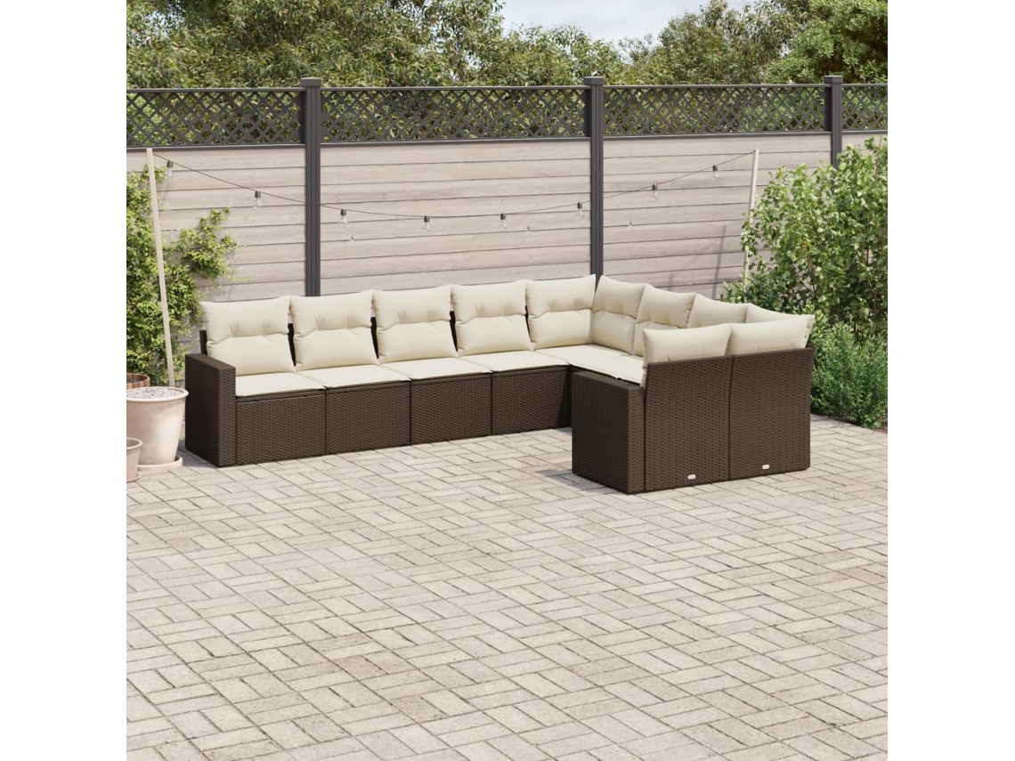 Vidaxl 9 Pcs Conjunto Sofás P/ Jardim C/ Almofadões Vime Pe Castanho