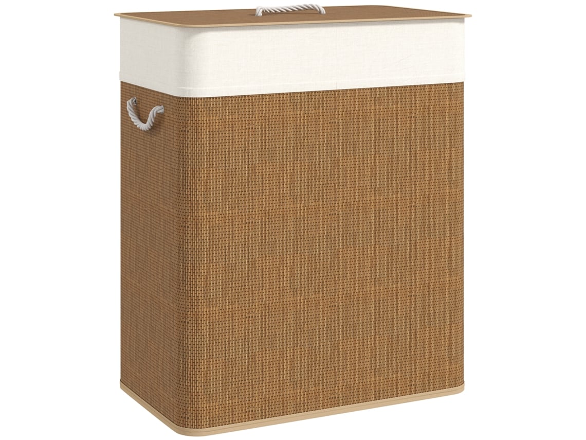 Cesta De Roupa Dupla Com Tampa, Bambu De 100l Com Cabos De Corda