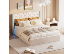 Cama Hidráulica 160x200 Bege em Veludo, com Baú de Arrumação, Estrado de Ripas e Cabeceira Led. Encosto em Madeira Maciça, Colchão Não Incluído