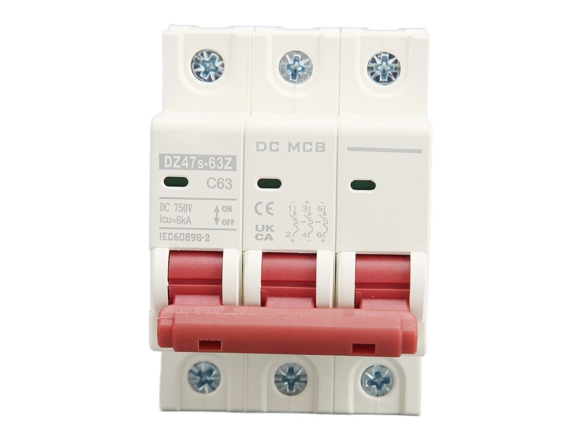 Interruptor de Circuito Miniatura 3p Din Rail 750v Cc 63a 6000a Proteção Contra Curto circuito