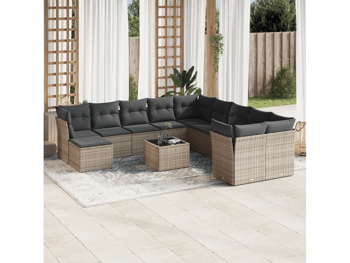 Vidaxl 12 Pcs Conjunto De Sofás Jardim C/ Almofadões Vime Pe Cinzento