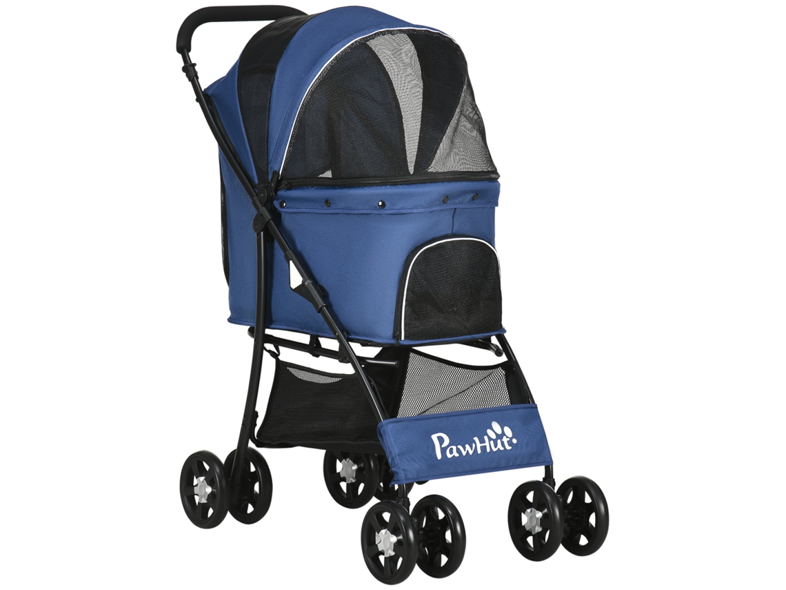 Carrinho Pet Bebê Pequeno Mini Cesta Cobertura 4 Andares Almofada 2 Coleiras 2 Freios Aço Oxford 81x48x99cm Preto Azul Escuro Ge