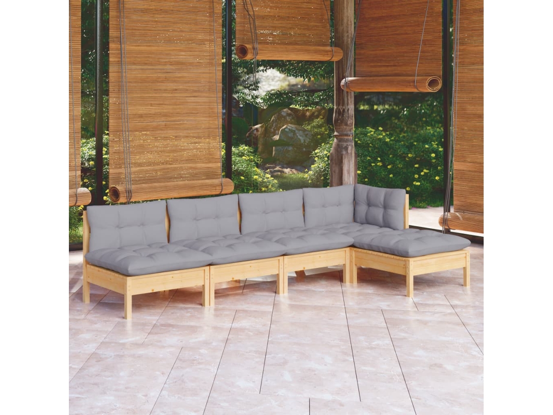 Vidaxl 5 Pcs Conjunto Lounge De Jardim C/ Almofadões Cinzentos Pinho